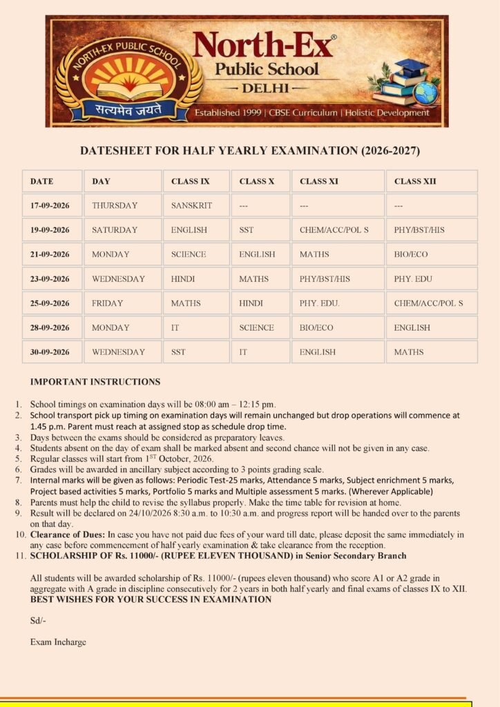 DATESHEET FOR HALF YEARLY EXAMINATION (2026-2027)