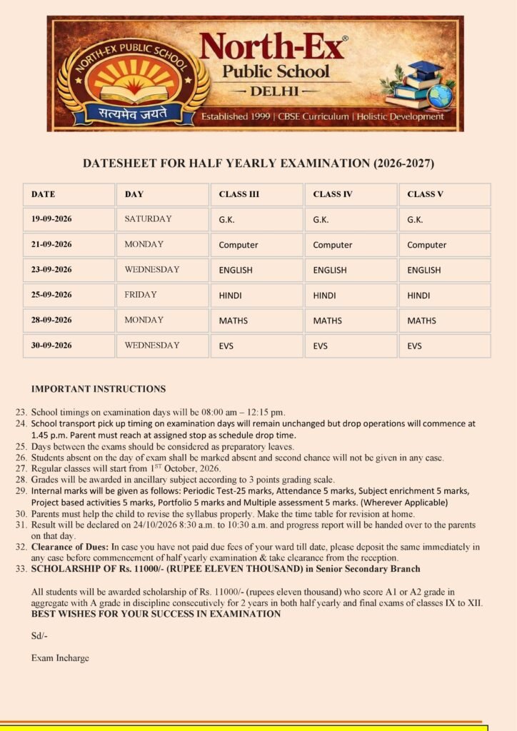 DATESHEET FOR HALF YEARLY EXAMINATION (2026-2027)
